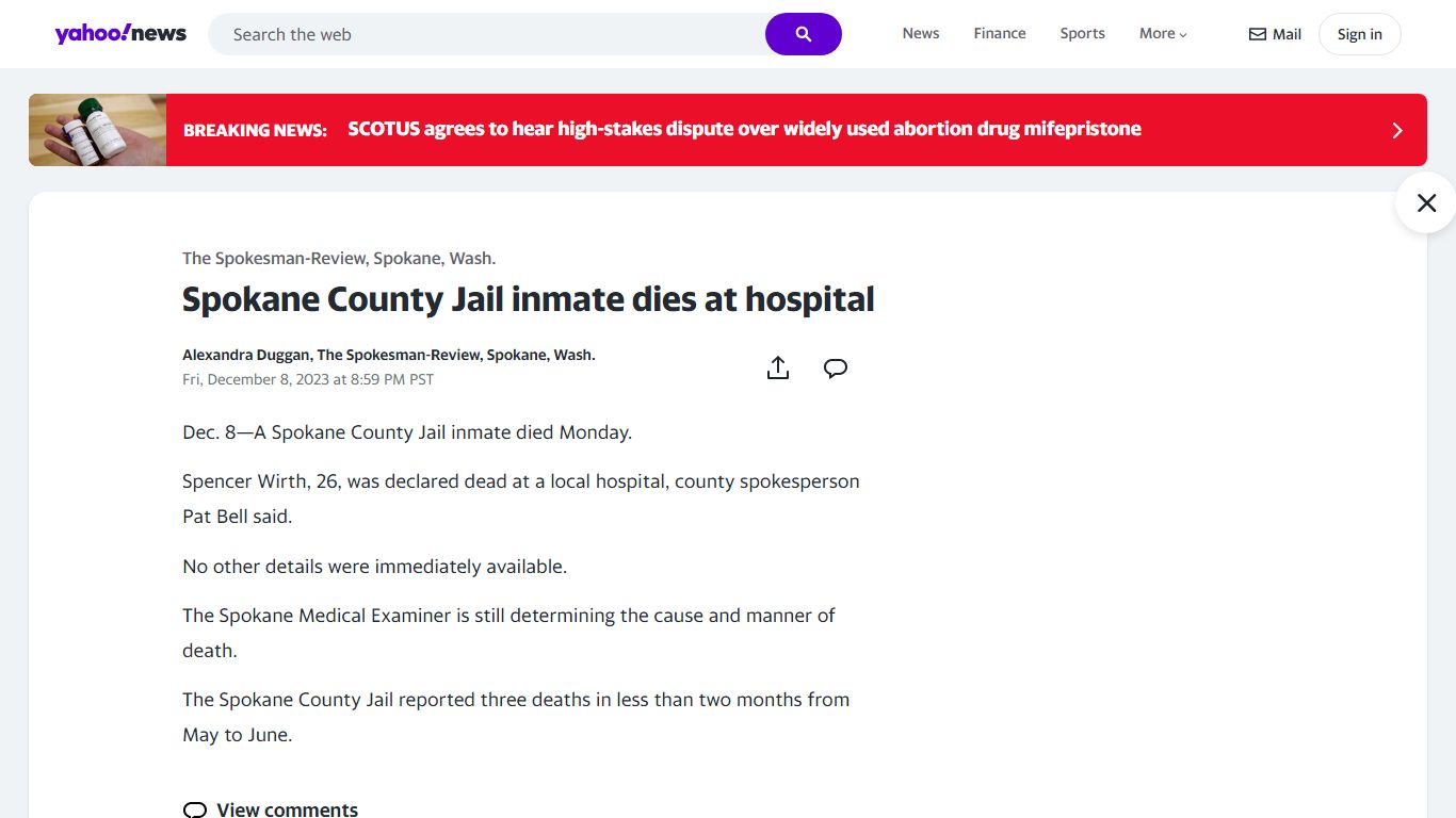 Spokane County Jail inmate dies at hospital - Yahoo News